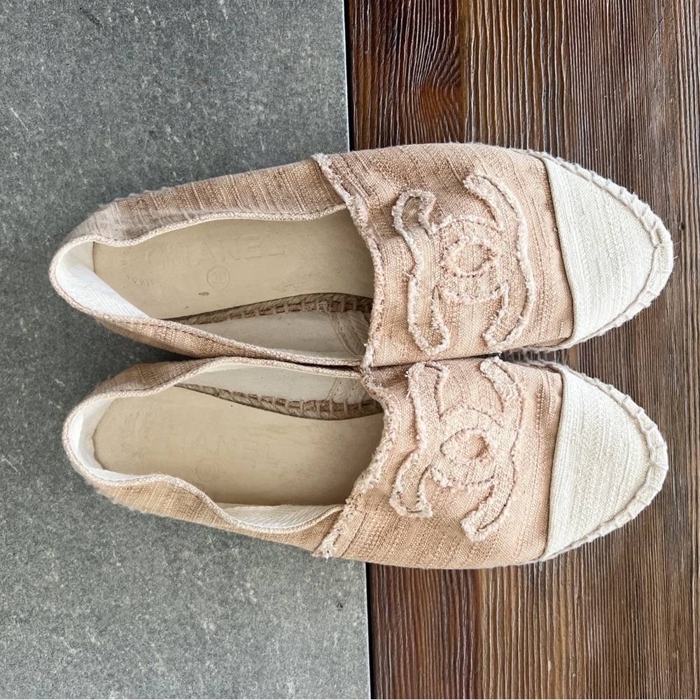 CHANEL Espadrilles Shoes Slip Ons CC Logo Monogram Canvas size 40EU
